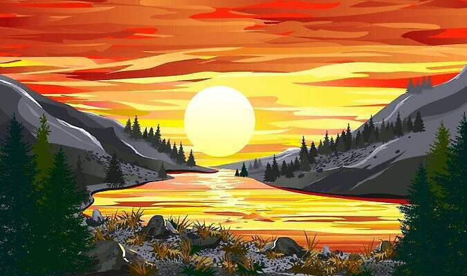 EPS 해외이미지 나무 식물 구름 공원 실루엣 호수 컬러 여행 백그라운드 일러스트 하늘 아침 산 풍경 야외 빨간색 물 여름 강 햇빛 태양 노란색 일출 환경 계곡 일몰 새벽 가을 바위 소나무 저녁 숲 큼 언덕 전나무 동물상 생태학 가문비나무 벡터 산맥 해외202309 해외일러스트 주간 자연요소 계절 공공시설 교육 촬영기법 조형물 노을 돌_바위 야간 크기 파일형식