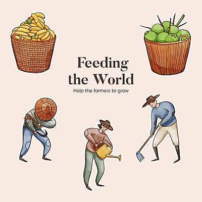 EPS 해외이미지 전신 스티커 농업 과일 바나나 사람 성인 세명 농장 물뿌리개 수확 농부 밀짚모자 코코넛 낫 밭갈기 쟁기 성인만 해외202309 해외일러스트 직업 모자_잡화 산업 파일형식 벡터