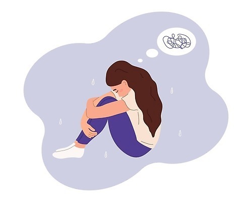 EPS 해외이미지 무료이미지 여자 생각 일러스트 스트레스 앉기 고통 슬픔 고독 엉킴 우울증 해외202309 해외일러스트 감정 모션 사람 질병 파일형식 벡터 무료콘텐츠