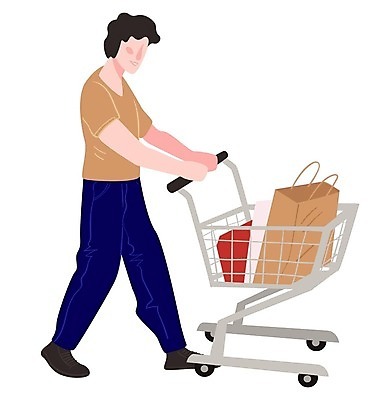 EPS 해외이미지 전신 남자 일러스트 한명 성인 쇼핑백 걷기 쇼핑카 밀기 성인남자한명만 해외202309 해외일러스트 1 가방 모션 사람 쇼핑 카트 남자한명만 성인남자만 파일형식 벡터