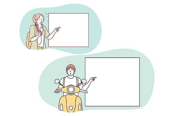 EPS 해외이미지 여자 남자 가방 일러스트 비즈니스 들기 성인 두명 스마트폰 바이크 헤드셋 가리킴 헬멧 성인만 카피스페이스 해외202309 해외일러스트 잡화 육상교통 음향기기 모션 사람 손짓 핸드폰 스마트기기 헤드폰 공백 보호장비 파일형식 벡터