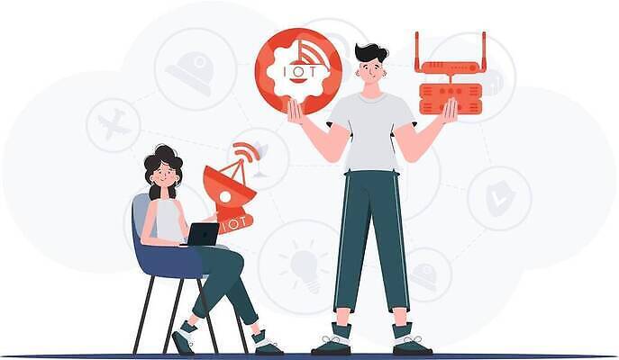 EPS 해외이미지 전신 여자 남자 의자 일러스트 협력 안테나 들기 앉기 성인 두명 노트북 원형 톱니바퀴 와이파이 사물인터넷 성인만 해외202309 해외일러스트 도형 가구 통신 모션 정보기술 사람 전자제품 무선인터넷 파일형식 벡터