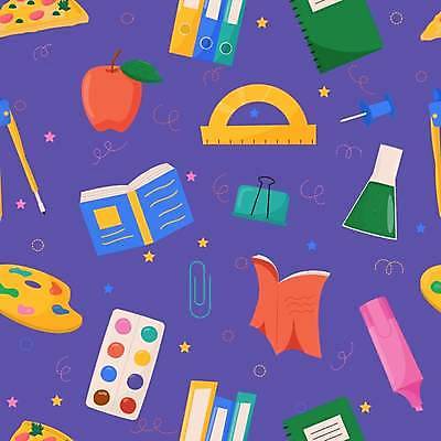 EPS 해외이미지 일러스트 피자 자 집게 사람없음 책 보라색 물감 패턴백그라운드 팔레트 압정 플라스크 교과서 컴파스 형광펜 해외202309 해외일러스트 컬러 백그라운드 패턴 문구용품 교재 패스트푸드 서양음식 실험기구 펜 사무용품 미술도구 파일형식 벡터
