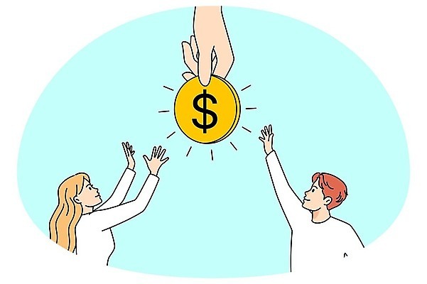 EPS 해외이미지 손 여자 남자 일러스트 상반신 성인 두명 손들기 동전 성인만 해외일러스트 돈 모션 사람 신체부위 파일형식 벡터