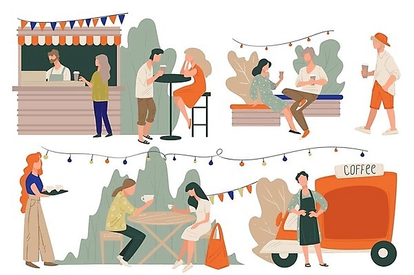 EPS 해외이미지 전신 여자 남자 의자 일러스트 탁자 서기 들기 앉기 여러명 성인 걷기 기댐 카페 트럭 사장 직원 전등장식 테이크아웃컵 성인만 해외202309 해외일러스트 가구 다수 비즈니스 모션 자동차 사람 장식 컵 상점 파일형식 벡터