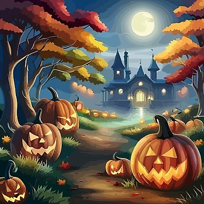 EPS 해외이미지 나무 일러스트 호박 주택 사람없음 어둠 할로윈 보름달 야간 잭오랜턴 해외202309 해외일러스트 자연요소 식물 채소 건물 달 파일형식 벡터
