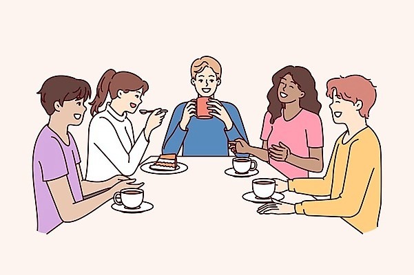 EPS 해외이미지 여자 남자 일러스트 대화 웃음 들기 여러명 상반신 성인 컵 식사 비즈니스맨 먹기 성인만 해외202309 해외일러스트 식기 다수 비즈니스 모션 표정 말하기 사람 직장인 파일형식 벡터