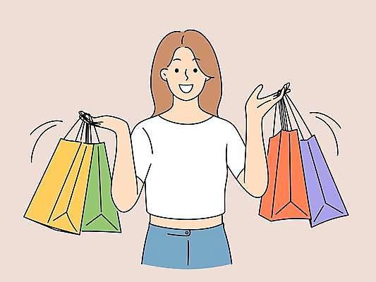 EPS 해외이미지 라이프스타일 여자 일러스트 한명 들기 상반신 성인 쇼핑 쇼핑백 기쁨 구매 성인여자한명만 해외일러스트 1 감정 가방 모션 사람 생활 여자한명만 성인여자만 파일형식 벡터