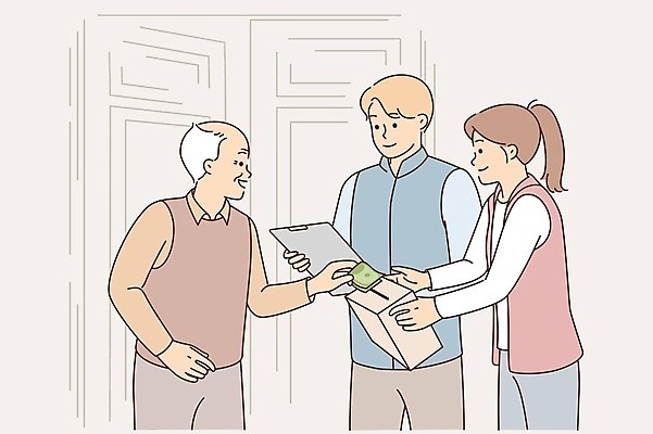 EPS 해외이미지 라이프스타일 여자 할아버지 노년 남자 일러스트 상반신 성인 세명 기쁨 기부 서류판 자선단체 해외일러스트 감정 사람 생활 사무용품 그룹 자선 파일형식 벡터