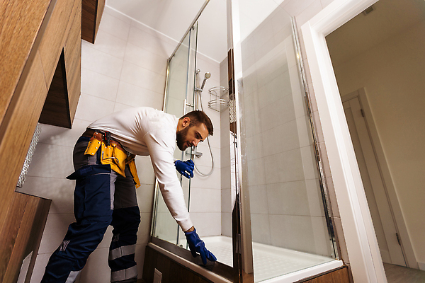 포토 JPG 해외이미지 전신 남자 유니폼 노동자 한명 성인 옆모습 욕실 업무 수리 청소 유지 문틀 샤워실 성인남자한명만 해외202309 해외포토 직업 1 옷 뷰포인트 사람 작업 샤워시설 남자한명만 성인남자만 파일형식