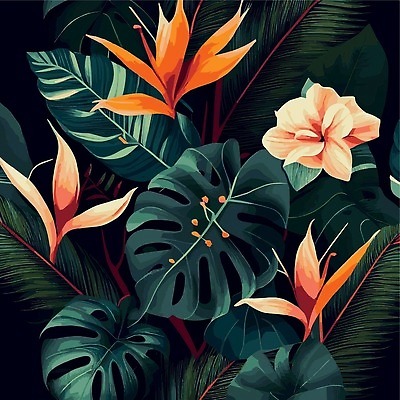 EPS 해외이미지 일러스트 검은배경 사람없음 야자수잎 몬스테라 열대꽃 열대잎 트로피컬아트 해외202309 해외일러스트 식물 꽃 백그라운드 잎 검은색 그림 파일형식 벡터