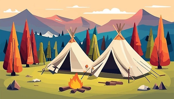 EPS 해외이미지 나무 여행 일러스트 산 텐트 사람없음 캠핑 모닥불 캠핑장 해외202309 해외일러스트 식물 불 레저 캠핑도구 파일형식 벡터