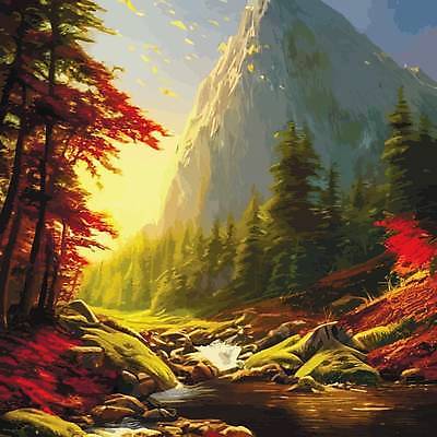 EPS 해외이미지 나무 단풍 일러스트 산 사람없음 강 숲 해외202309 해외일러스트 식물 잎 파일형식 벡터