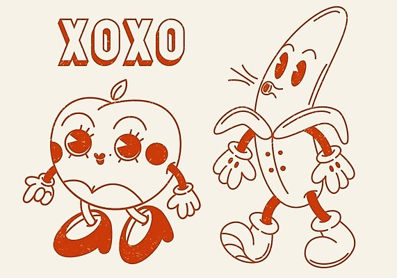 EPS 해외이미지 캐릭터 영어 일러스트 바나나 사랑 타이포그라피 사람없음 빨간색 걷기 귀여움 라인아트 질감 복고 복숭아 키치 Y2K 해외202309 해외일러스트 일러캐릭터 문자 감정 선 컬러 컨셉 과일 모션 파일형식 벡터