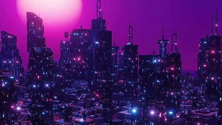 JPG 해외이미지 미래 빌딩 사람없음 건물 빛 3D 보라색 도시 사이버 네온 해외202309 해외포토 포토 건축물 컬러 컨셉 디지털합성 파일형식