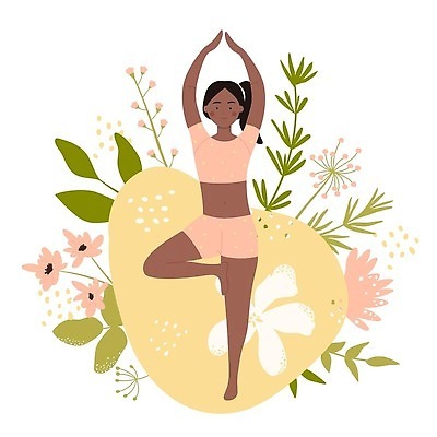 EPS 해외이미지 전신 식물 여자 꽃 잎 일러스트 요가 한명 서기 성인 운동복 운동 손들기 자기관리 나무자세 성인여자한명만 해외202309 해외일러스트 1 웰빙 옷 모션 건강 사람 요가자세 여자한명만 성인여자만 파일형식 벡터