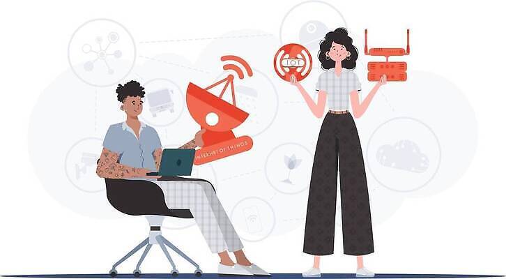 EPS 해외이미지 전신 여자 남자 의자 일러스트 협력 안테나 앉기 성인 두명 노트북 원형 와이파이 사물인터넷 성인만 해외202309 해외일러스트 도형 가구 통신 모션 정보기술 사람 전자제품 무선인터넷 파일형식 벡터