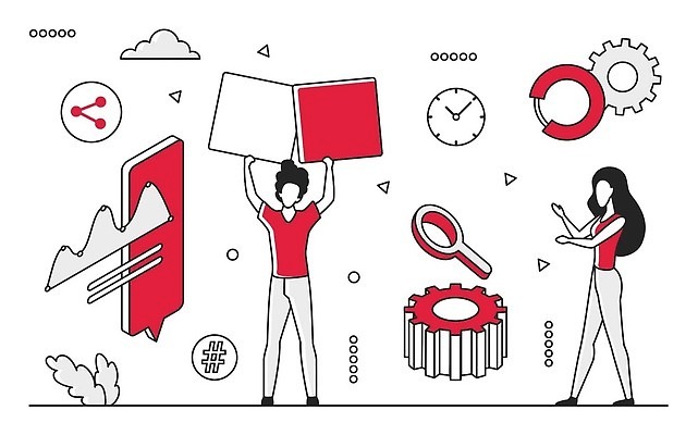 EPS 해외이미지 전신 여자 남자 일러스트 비즈니스 돋보기 그래프 들기 성인 두명 빨간색 자료 톱니바퀴 성인만 해외202309 해외일러스트 컬러 모션 사람 파일형식 벡터