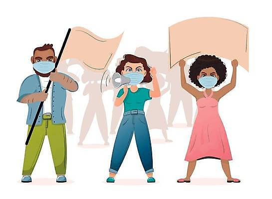 EPS 해외이미지 백인 여자 포스터 백그라운드 일러스트 청진기 노동자 거리 건강 병원 가면 사람 검은색 확성기 외침 의사 자유 흰색 표현 도시 바이러스 보호 심볼 싸움 문제 반대 혁명 돌봄 소셜 운동가 정치 집회 항의 벡터 코로나바이러스 해외202309 해외일러스트 서양인 직업 컬러 컨셉 의학 의료기기 모션 소리 의료진 파일형식