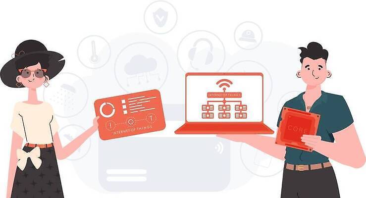 EPS 해외이미지 여자 남자 일러스트 협력 들기 상반신 성인 두명 노트북 카드 사물인터넷 성인만 해외202309 해외일러스트 모션 정보기술 사람 전자제품 파일형식 벡터