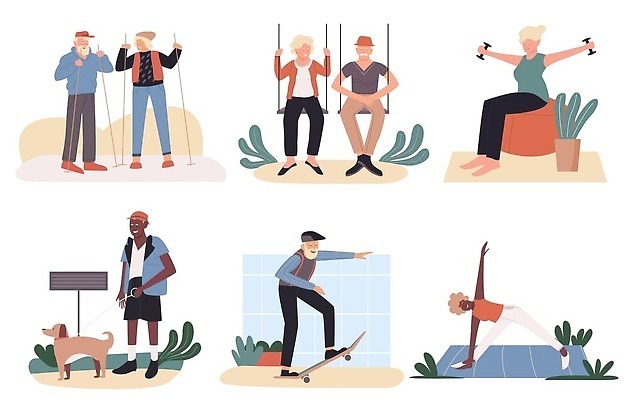 EPS 해외이미지 전신 라이프스타일 여자 노년 남자 일러스트 함께함 건강 앉기 여러명 스트레칭 산책 스케이트보드 그네 노인만 해외202309 해외일러스트 다수 컨셉 모션 휴식 사람 성인 생활 운동 보드_스포츠 성인만 파일형식 벡터