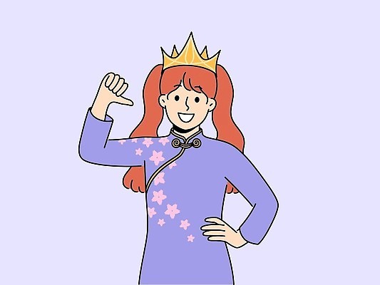 EPS 해외이미지 여자 어린이 허리손 일러스트 왕관 한명 보라색 가리킴 자신감 소녀한명만 해외202309 해외일러스트 1 감정 컬러 포즈 사람 손짓 여자한명만 소녀만 파일형식 벡터