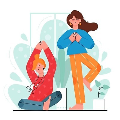 EPS 해외이미지 전신 식물 여자 일러스트 요가 서기 앉기 성인 두명 운동복 운동 눈감음 손모으기 자기관리 성인여자만 해외202309 해외일러스트 웰빙 옷 모션 건강 사람 손짓 여자만 성인만 파일형식 벡터