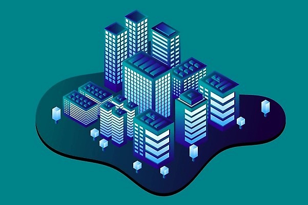 EPS 해외이미지 백그라운드 일러스트 빌딩 사람없음 건물 도시 네온 청록색 아이소메트릭 해외202309 해외일러스트 건축물 컬러 파일형식 벡터