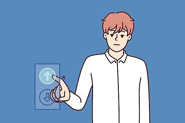 EPS 해외이미지 남자 화살표 일러스트 버튼 한명 상반신 성인 비즈니스맨 누름 클릭 성인남자한명만 해외202309 해외일러스트 1 비즈니스 모션 사람 직장인 남자한명만 성인남자만 파일형식 벡터