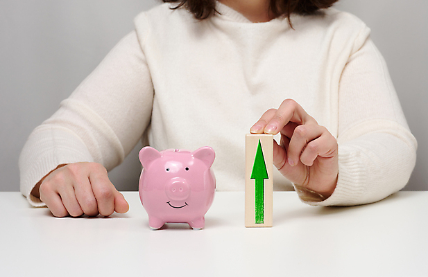 포토 JPG 해외이미지 여자 화살표 분홍색 한명 상반신 성인 돼지저금통 상승 성인여자한명만 나무블록 해외포토 1 컬러 컨셉 사람 목재 블록 저금통 여자한명만 성인여자만 파일형식