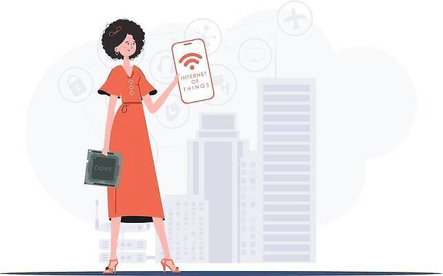 EPS 해외이미지 전신 여자 일러스트 한명 들기 성인 스마트폰 사물인터넷 성인여자한명만 해외202309 해외일러스트 1 모션 정보기술 사람 핸드폰 스마트기기 여자한명만 성인여자만 파일형식 벡터