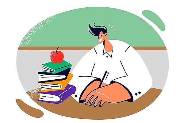 EPS 해외이미지 라이프스타일 남자 일러스트 청소년 한명 상반신 학습 펜 칠판 사과 책더미 십대남자한명만 해외202309 해외일러스트 1 교육 과일 사람 생활 책 필기구 무더기 남자한명만 십대남자만 파일형식 벡터