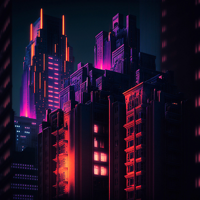 JPG 해외이미지 일러스트 미래 사람없음 건물 빛 고층빌딩 어둠 도시 도심 네온 스카이라인 빌딩숲 해외202309 해외일러스트 건축물 컨셉 빌딩 파일형식