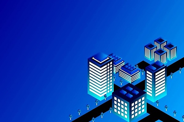 EPS 해외이미지 백그라운드 일러스트 빌딩 사람없음 건물 파란색 도시 네온 아이소메트릭 해외202309 해외일러스트 건축물 컬러 파일형식 벡터