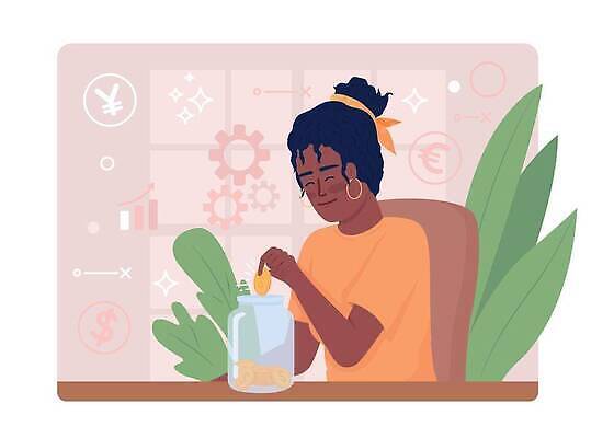 EPS 해외이미지 여자 일러스트 한명 성인 라이프 금융 동전 저금통 풀잎 넣기 성인여자한명만 해외202309 해외일러스트 1 잎 돈 모션 사람 생활 경제 저축 풀_식물 여자한명만 성인여자만 파일형식 벡터