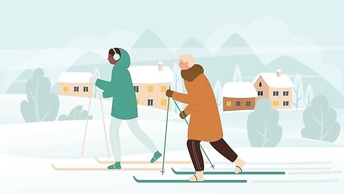 EPS 해외이미지 전신 나무 라이프스타일 남자 겨울 일러스트 스키 주택 성인 두명 설원 겨울옷 성인남자만 해외202309 해외일러스트 식물 옷 계절 겨울스포츠 눈_날씨 사람 건물 생활 남자만 성인만 파일형식 벡터