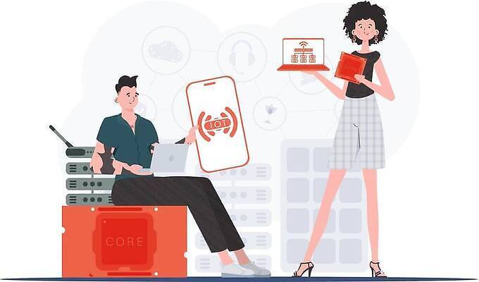 EPS 해외이미지 전신 여자 남자 일러스트 협력 앉기 성인 두명 노트북 스마트폰 와이파이 사물인터넷 성인만 해외202309 해외일러스트 모션 정보기술 사람 전자제품 핸드폰 스마트기기 무선인터넷 파일형식 벡터