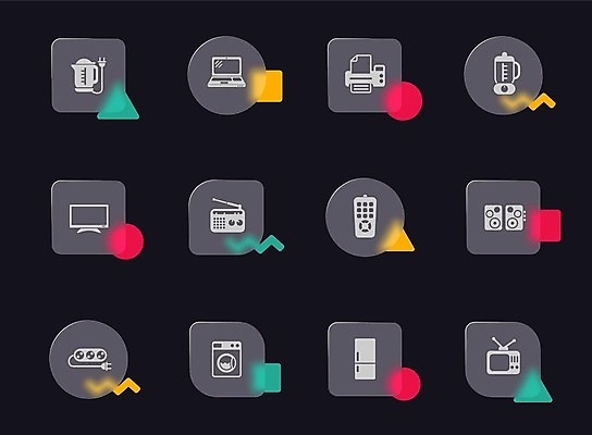 EPS 해외이미지 도형 일러스트 사람없음 노트북 사각형 모니터 텔레비전 스피커 가전제품 원형 투명 콘센트 플러그 삼각형 리모컨 인쇄기 라디오 냉장고 세탁기 멀티탭 전기포트 지그재그 사운드믹서 글래스모피즘 해외202309 해외일러스트 디자인 음향기기 전자제품 컴퓨터 파일형식 벡터