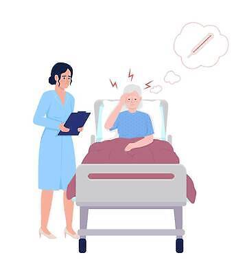 EPS 해외이미지 여자 노년 일러스트 베개 건강 성인 두명 이불 간호사 체온계 두통 병원침대 서류판 여자만 해외202309 해외일러스트 침구 사람 사무용품 의료진 침대 질병 온도계 파일형식 벡터