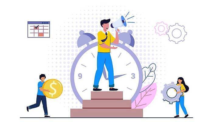 EPS 해외이미지 전신 여자 남자 일러스트 들기 성인 두명 금융 동전 확성기 외침 자명종 톱니바퀴 단상 성인만 해외202309 해외일러스트 시계 돈 모션 사람 경제 소리 알람 파일형식 벡터