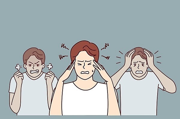 EPS 해외이미지 남자 일러스트 스트레스 피곤 성인 세명 고통 환자 분노 두통 문제 우울증 증상 트러블 편두통 성인남자만 해외202309 해외일러스트 감정 컨셉 의학 사람 질병 남자만 성인만 파일형식 벡터