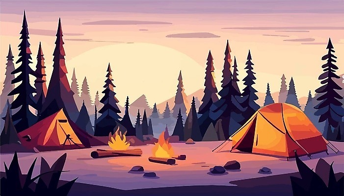 EPS 해외이미지 나무 여행 일러스트 산 텐트 사람없음 캠핑 모닥불 캠핑장 해외202309 해외일러스트 식물 불 레저 캠핑도구 파일형식 벡터