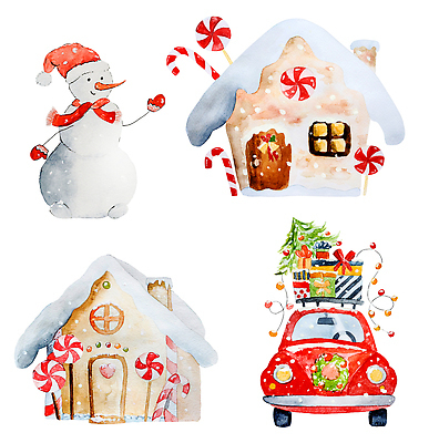 JPG 해외이미지 크리스마스 일러스트 자동차 눈사람 붓터치 주택 사탕 사람없음 선물상자 크리스마스트리 번짐 과자집 알전구 해외202309 해외일러스트 기념일 육상교통 전구 디저트 선물 건물 상자 파일형식 효과
