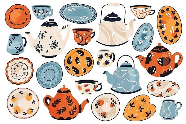 EPS 해외이미지 식기 접시 손 디자인 꽃 커피 음식 패턴 일러스트 가정 주전자 주방용품 주택 요리 그래픽 장식 컵 세트 주방 카페 장비 머그컵 수확 흰색 기구 시골 도자기 사발 플랫 클래식 차 냄비 찻주전자 만화 수집 복고 고립 백자 엘리먼트 핸드메이드 쓰다듬기 벡터 해외202309 해외일러스트 식물 음료 컬러 생활용품 컨셉 무늬 농업 모션 건물 신체부위 상점 사기그릇 솥 파일형식