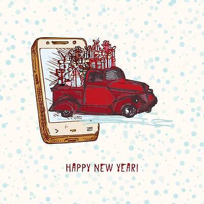 EPS 해외이미지 크리스마스 겨울 일러스트 자동차 사람없음 장식 빨간색 선물상자 스마트폰 눈 분위기 해피뉴이어 해외202309 해외일러스트 자연요소 계절 기념일 육상교통 컬러 컨셉 날씨 선물 핸드폰 스마트기기 상자 새해인사 파일형식 벡터