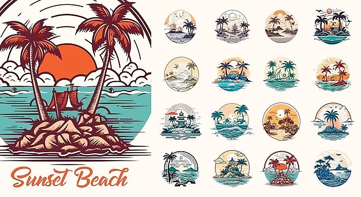 EPS 해외이미지 나무 템플릿 디자인 계절 모래 바다 섬 여행 백그라운드 일러스트 자연 하늘 휴가 휴식 손바닥 풍경 야외 물 여름 파란색 세트 야자수 태양 노란색 일출 맑음 일몰 수확 원형 심볼 휴양지 하와이 이국적 파라다이스 활자 벡터 해외202309 해외일러스트 자연요소 도형 식물 손 컬러 컨셉 농업 날씨 노을 미국 장소 생태계 활자판 파일형식