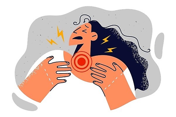 EPS 해외이미지 여자 일러스트 건강 한명 성인 고통 환자 목 목통증 증상 성인여자한명만 해외202309 해외일러스트 1 감정 의학 사람 신체부위 여자한명만 성인여자만 파일형식 벡터