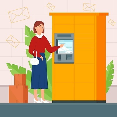 EPS 해외이미지 전신 여자 일러스트 한명 서기 성인 터치 사물함 서비스 택배 보관함 택배상자 성인여자한명만 무인택배 해외202309 해외일러스트 1 모션 사람 상자 운송업 무인기계 여자한명만 성인여자만 파일형식 벡터