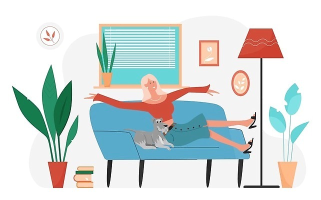 EPS 해외이미지 전신 라이프스타일 여자 반려견 거실 일러스트 함께함 한명 앉기 성인 소파 강아지 성인여자한명만 해외202309 해외일러스트 1 컨셉 의자 모션 사람 생활 반려동물 개 여자한명만 성인여자만 파일형식 벡터