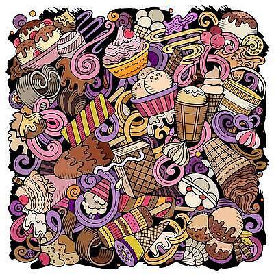EPS 해외이미지 백그라운드 패턴 일러스트 사람없음 장식 보라색 낙서 가득함 콘아이스크림 소프트아이스크림 체리캐릭터 초코시럽 컵아이스크림 해외일러스트 일러캐릭터 캐릭터 컬러 무늬 아이스크림 초콜릿 시럽 파일형식 벡터